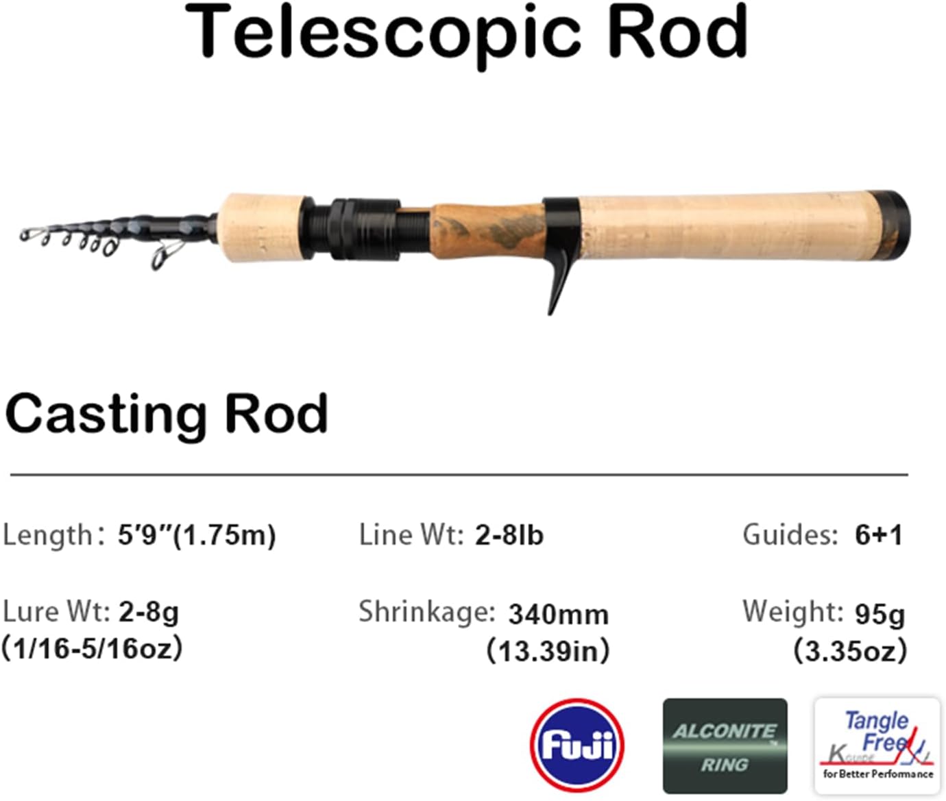 PURELURE Telescopic Fishing Rod Ultralight or Light, Carbon Fiber Rod Spinning & Casting, Fuji Alconite Ring and Reel Seat, One-Piece Mixed Carbon/4A Cork Handle, Spare Solid Tip, Portable Travel Rod