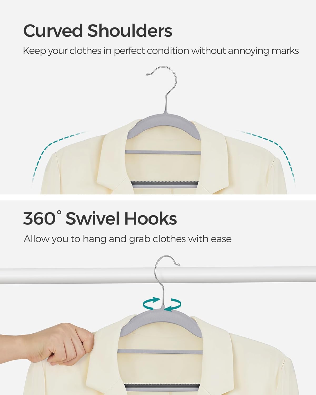SONGMICS Pack of 60 Coat Hangers, Space-Saving Plastic Clothes Hangers, Non-Slip, 0.2 Inches Slim, 16.5 Inches Wide, 360° Swivel Silver Hook, Light and Dark Gray UCRP0020G01