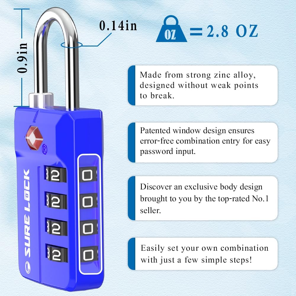 SURE LOCK TSA Approved 4-Digit Resettable Combination Luggage Locks with Open Alert, Easy-Read Dials - for Luggage, School Lockers, Gym, Office, Toolbox & Security Cases(Blue 2 Pack)