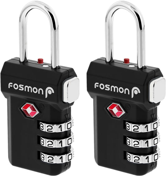 Fosmon TSA Approved Luggage Locks, Suitcase Travel Lock with Push Release Button for Extra Security, 3 Digit Combination Padlock for Gun Case Backpack Zipper Anti Theft Gym Locker - Black, 2 Pack