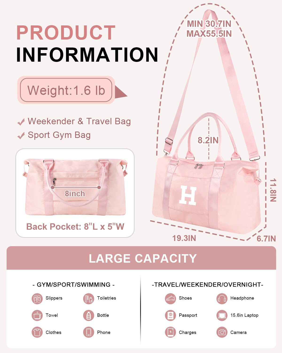 Initial Travel Duffel Bag Sports Gym Bag for Girls Teen Birthday Gifts,Pink Personalized Weekender Bag Carry On Tote Bags for Women Men,Waterproof Overnight Luggage Bag with Trolley Sleeve(Letter H)