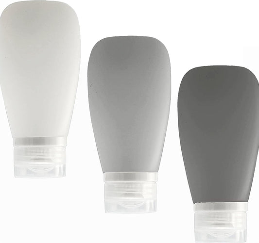 Travel Bottles for Toiletries, TSA Approved 3oz Leak Proof Silicone Refillable Squeeze Travel Size Containers BPA Free for Cleansers, Lotions, Shampoo 3-pk (Black-Gray-White)