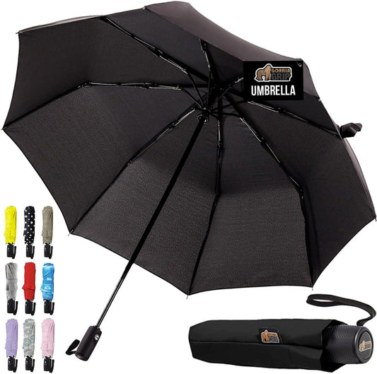 GORILLA GRIP Windproof Compact Stick Umbrella for Rain, Travel One-Click Automatic Open and Close, Strong, Lightweight, Stocking Stuffer, White Elephant Holiday Gift, Portable, Easy Collapsible, Black