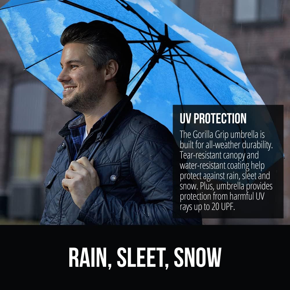 GORILLA GRIP Strong Stick Umbrella for Rain, Compact Travel One-Click Automatic Open Close, Lightweight, Portable, US Designed Reinforced Fiberglass Ribs, Wind Resistant, Easy Collapse, Sky Blue