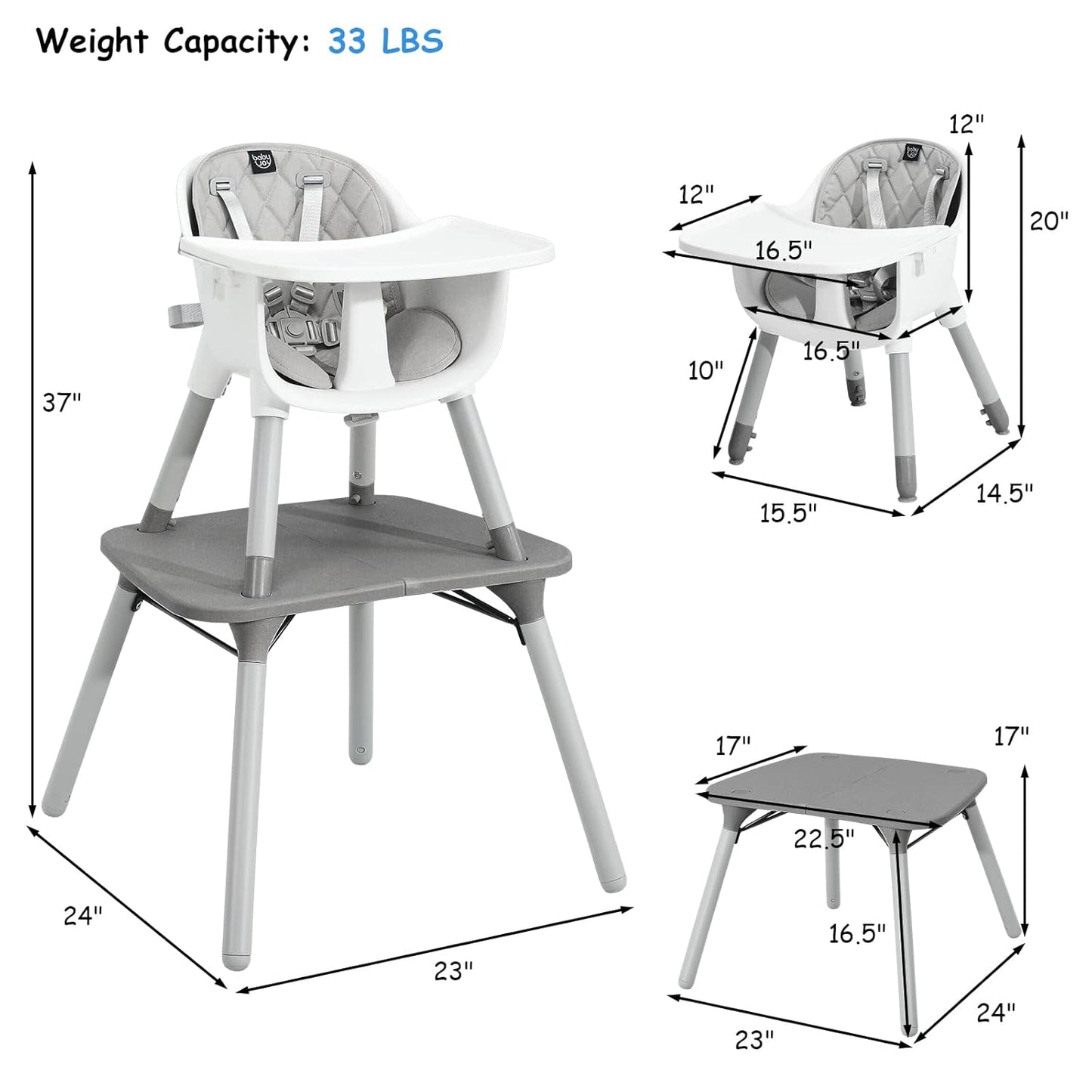 BABY JOY High Chair, 5 in 1 Convertible Highchair for Babies & Toddlers | Booster Seat | Table and Chair Set | Infant Feeding Chair with Removable Tray, Safety Harness, Removable Cushion (Gray)