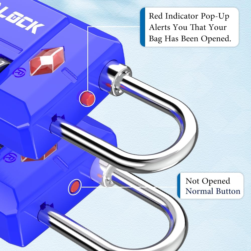 SURE LOCK TSA Approved 4-Digit Resettable Combination Luggage Locks with Open Alert, Easy-Read Dials - for Luggage, School Lockers, Gym, Office, Toolbox & Security Cases(Blue 2 Pack)