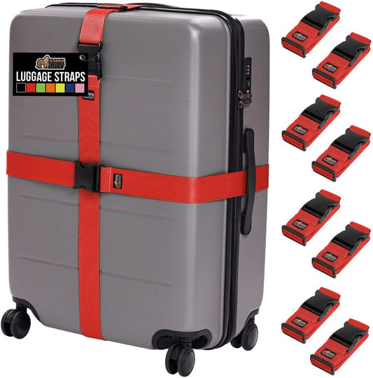 GORILLA GRIP Heavy Duty 8 Pack Adjustable Luggage Straps for Suitcases, Easy to Identify Travel Belt Connector Holds Suitcase Together, Extends Life of Bag, Strap Connects Two Bags, Accessories Red