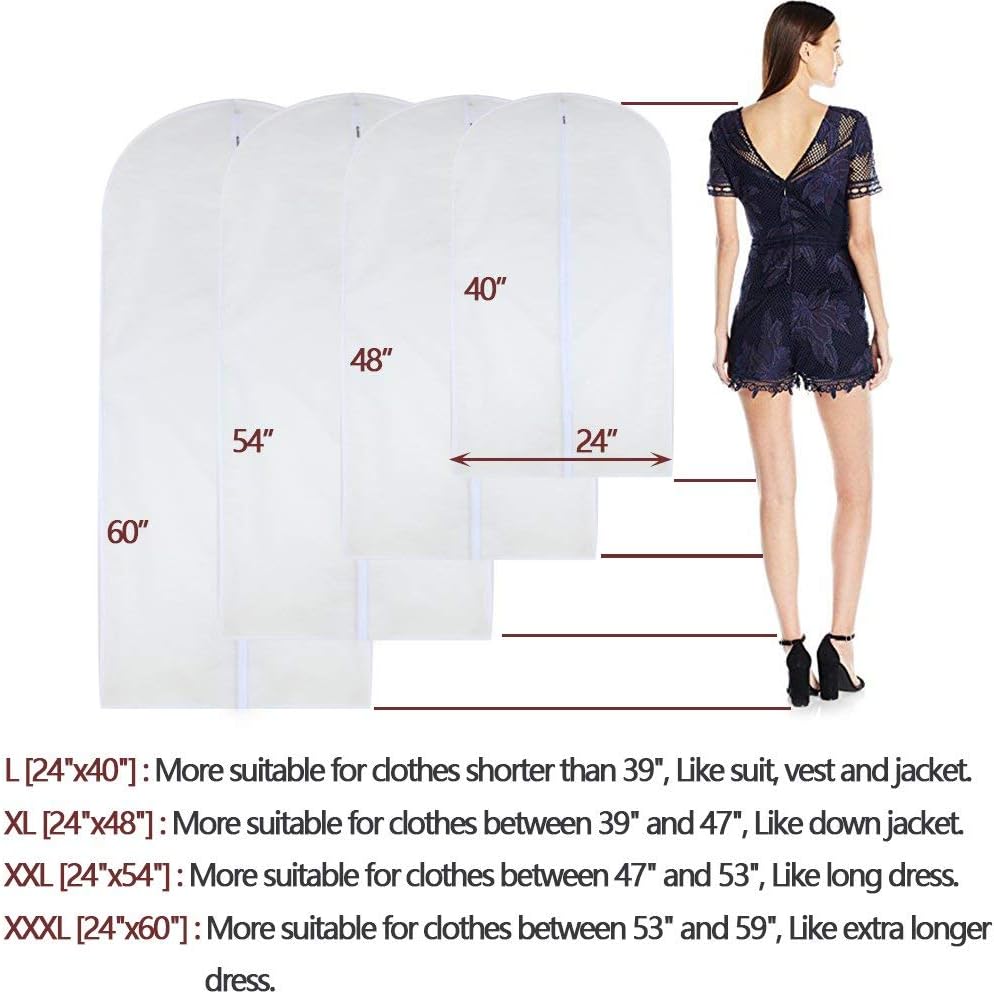 Dress Bags for Hanging Clothes 24'' x 54'' Long Dress Hanging Garment Bag White Breathable Garment Bags for Hanging Clothes Full Zipper Dust Cover for Storage Closet Pack of 6