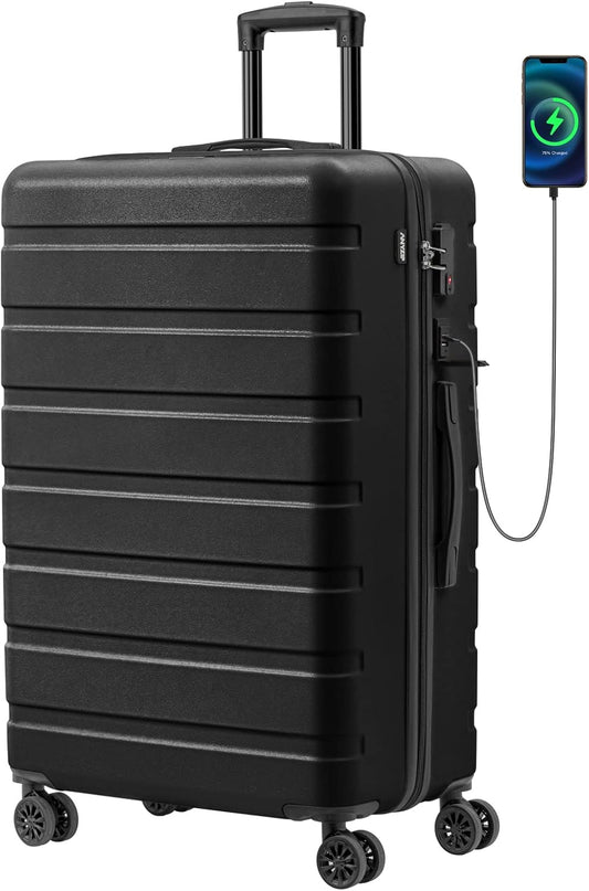 AnyZip Suitcase Hardside PC ABS Lightweight USB Luggage with Wheels TSA Lock Checked-Large 28 Inch Black