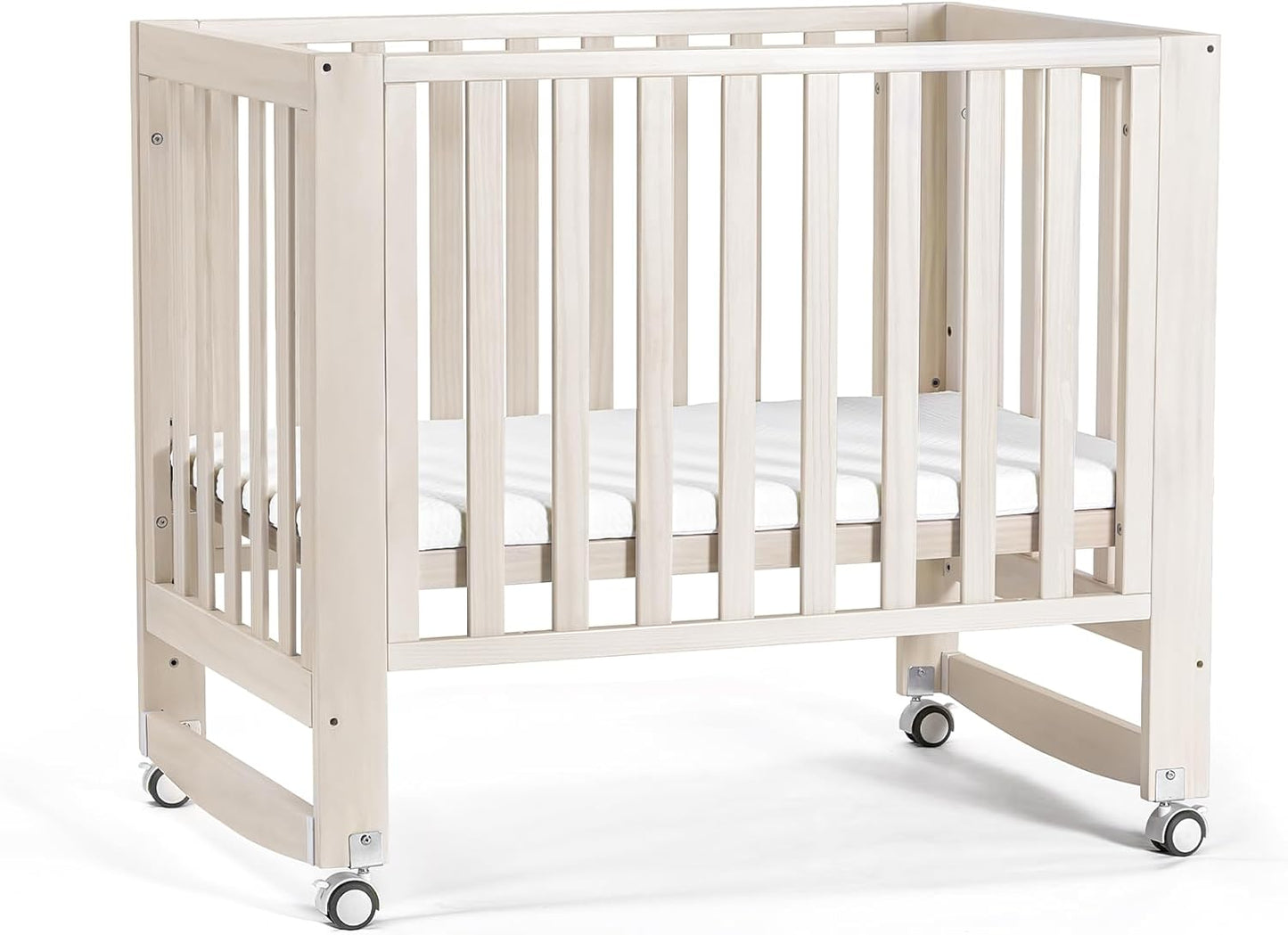 EvoNest Baby Crib, 6 in 1 Convertible Mini Crib with Wheels, 100% New Zealand Wood Growing Bed, 4 Adjustable Mattress Height, Wahsed Natural (Beige)