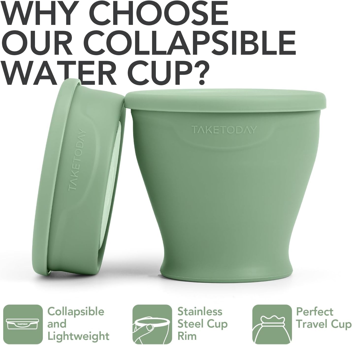 TakeToday Collapsible Travel Cup - Silicone Foldable Water Cup, BPA-Free with Lid & Waterproof Bag - Drinking Cup Set for Office, Camping & International Travel（8 Oz, Green）