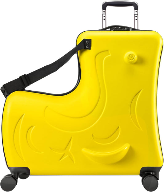 Hardside Ride on Kids Luggage with 4 Spinner Wheels for Girls and Boys, Rolling Childrens Travel Suitcase with Seat and Safety Belt for Toddler Ages 2-12 (Yellow, 25-Inch Checked)