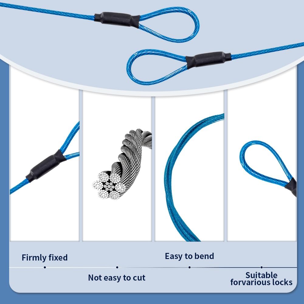 3.3mm (1/8 Inch) Outdoor Travel Stainless Steel Security Cable-30ft Luggage Lock Safety Wire Flexible Steel Wire Rope with Double Loop Safety for Luggage, Bike, Lock(Blue, 30ft-(1Pack)