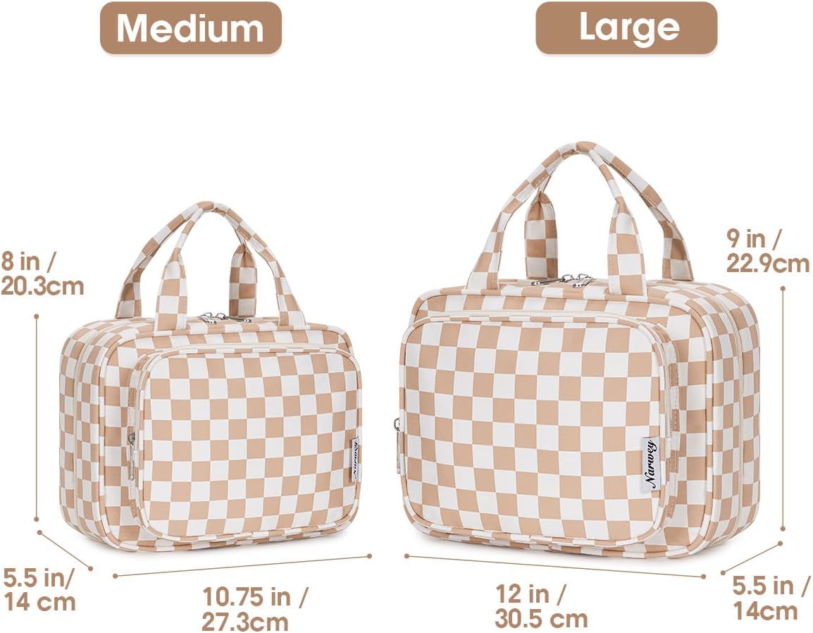 Travel Toiletry Bag for Women Large Hanging Makeup Bag Organizer Toiletries Bag for Full Size Essentials Accessories Cosmetics (Light Checkerboard (Large))