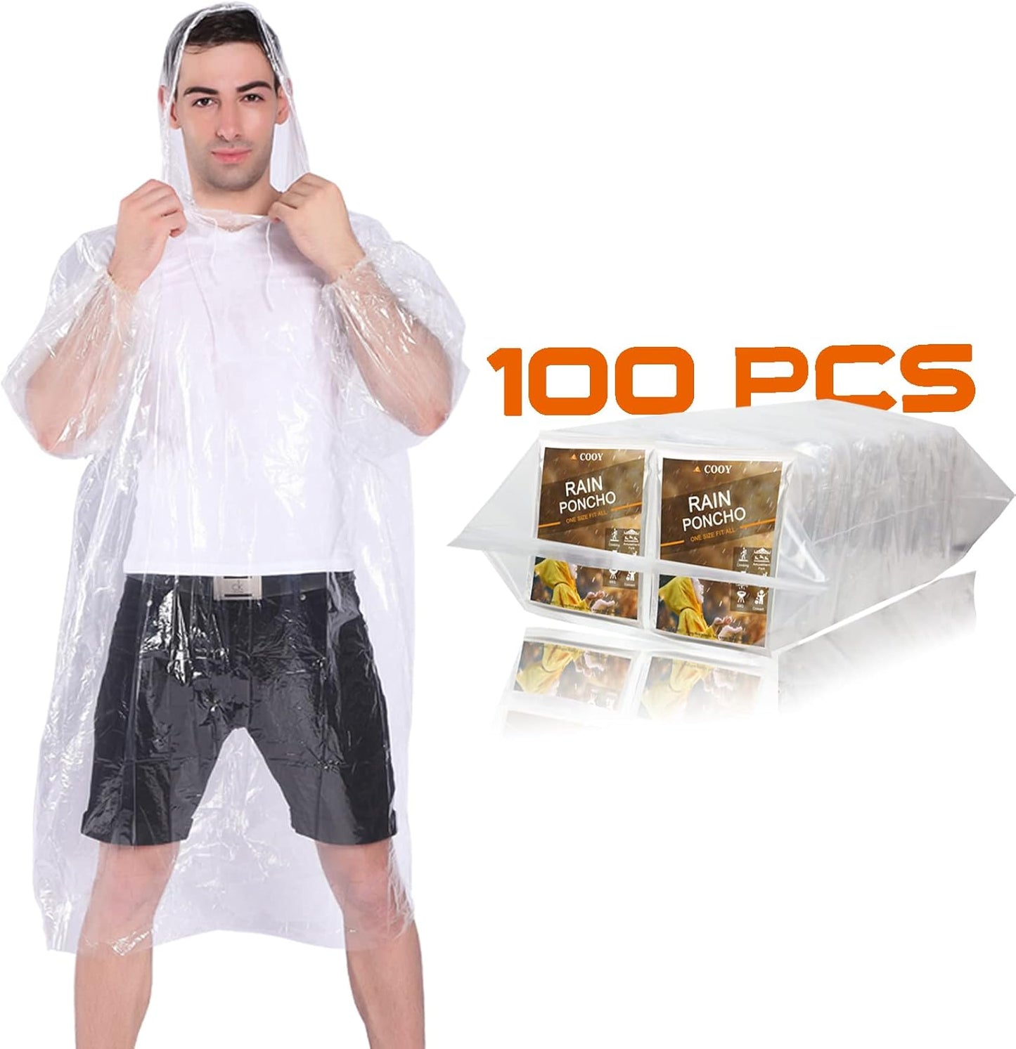 Rain Ponchos,with Drawstring Hood （10 Pack） Emergency Disposable Rain Ponchos Family Pack for Adults,Clear