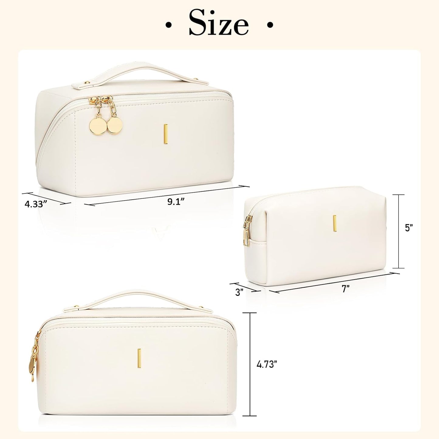 Birthday Gifts for Women Teen Girl, Personalized Initial Makeup Organizer Bag Set, Open Flat Travel Cosmetic Bag With Clear Divider and Handle(Beige,I)