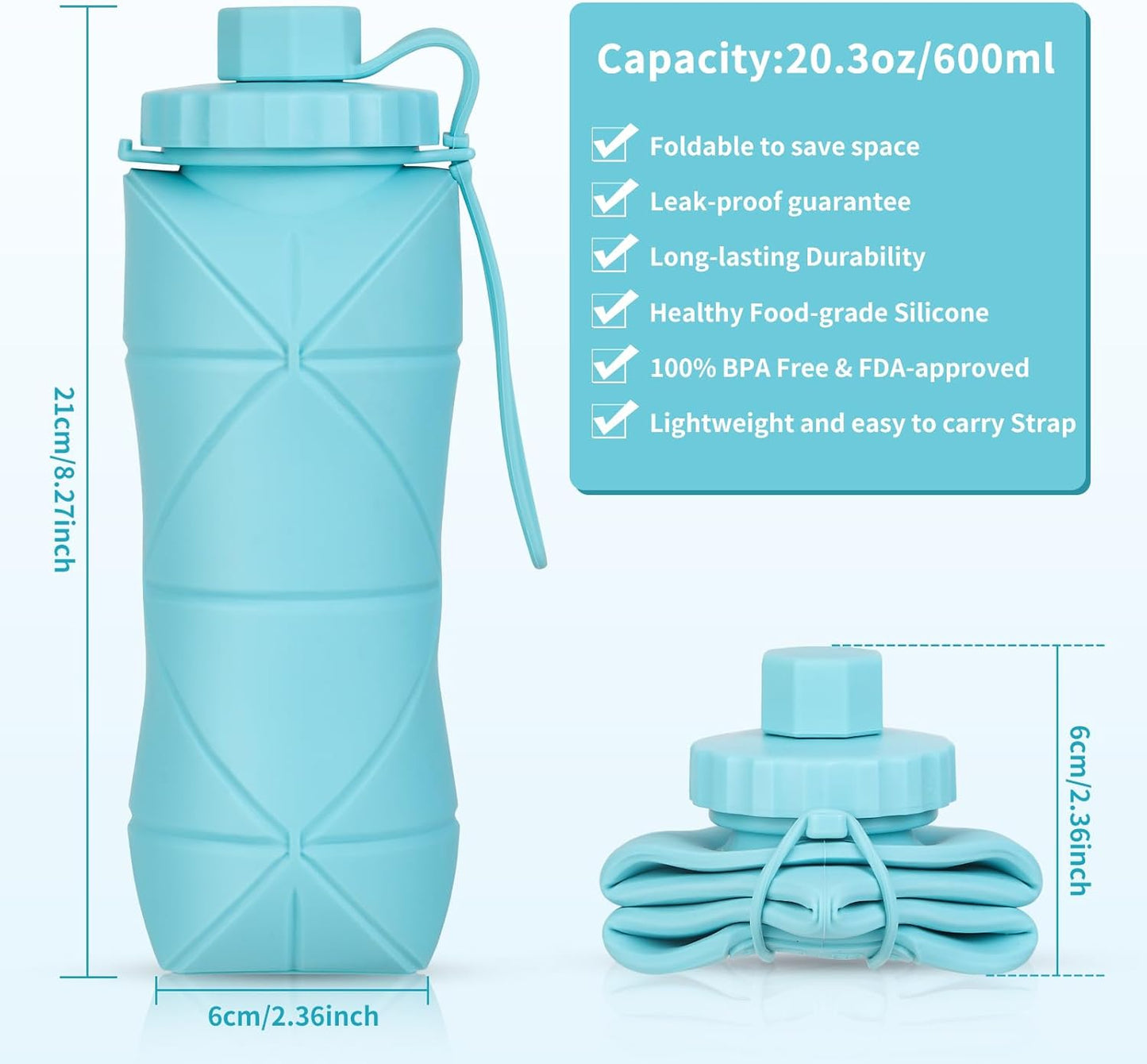 Silicone Collapsible Water Bottles,Lightweight Reusable Leakproof For Traveling Camping Hiking Cycling Sports Outdoor,Foldable Portable Travel Water Bottle 600ML Dark Grey And Pink 2Pack.
