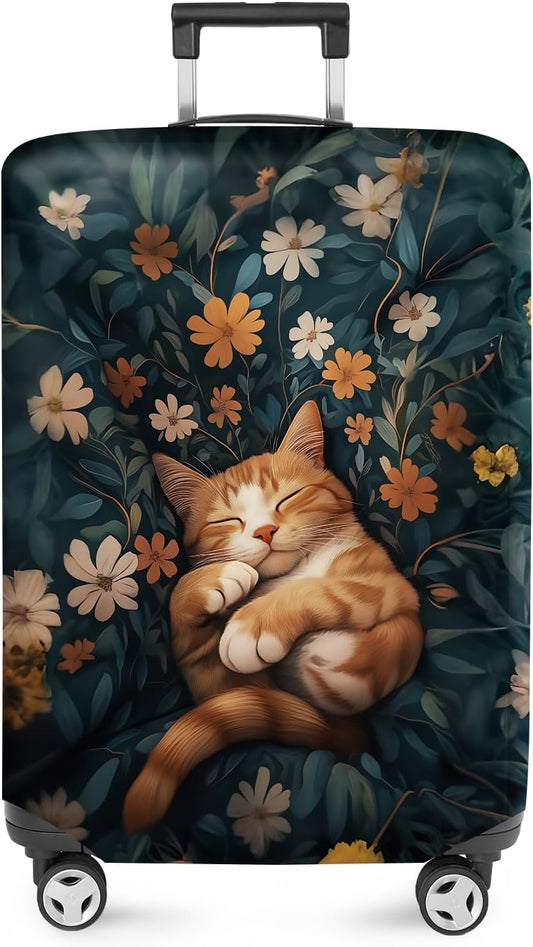 ANNA QUEEN Peaceful Cat Luggage Cover, Sleeping Cat with Floral Design, Stretchable, Washable Travel Sleeve for 20-22 Inch Luggage