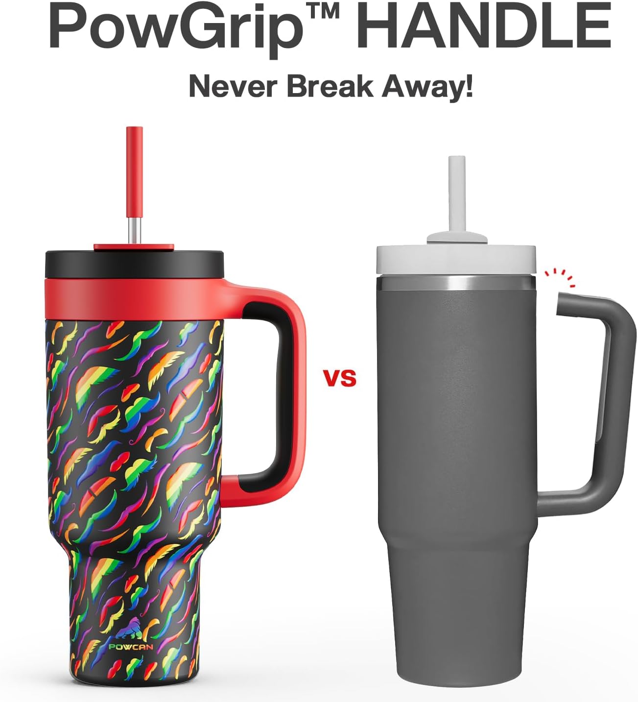 POWCAN 40 oz Tumbler with Handle, 2-in-1 Straw and Sip Lid, Leakproof, Dishwasher Safe, Insulated Stainless Steel Travel Coffee Mug, Keeps Cold for 34 Hours, Fits in Car Cup Holder (Rainbow Whiskers)