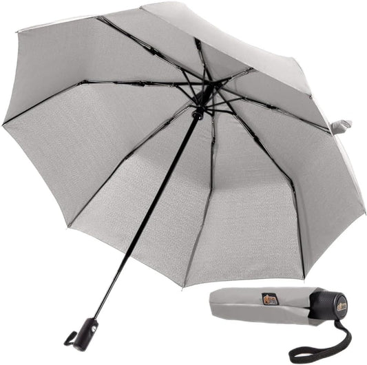 GORILLA GRIP Strong Stick Umbrella for Rain, Compact Travel One-Click Automatic Open Close, Lightweight, Portable, US Designed Reinforced Fiberglass Ribs, Wind Resistant, Easy Collapse, Gray