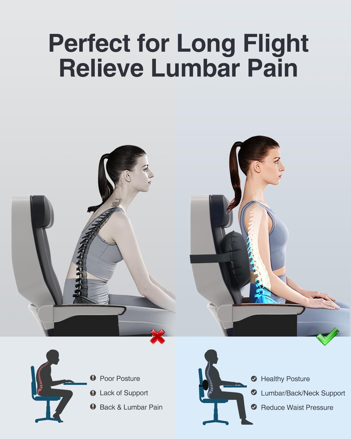 Luxtude Inflatable Lumbar Pillow for Airplane Travel, Lumbar Support Pillow for Office Chair/Car, Self-Inflating Travel Lumbar Pillow Back Support, Lower Back Pillow for Reducing Lumbar Pain