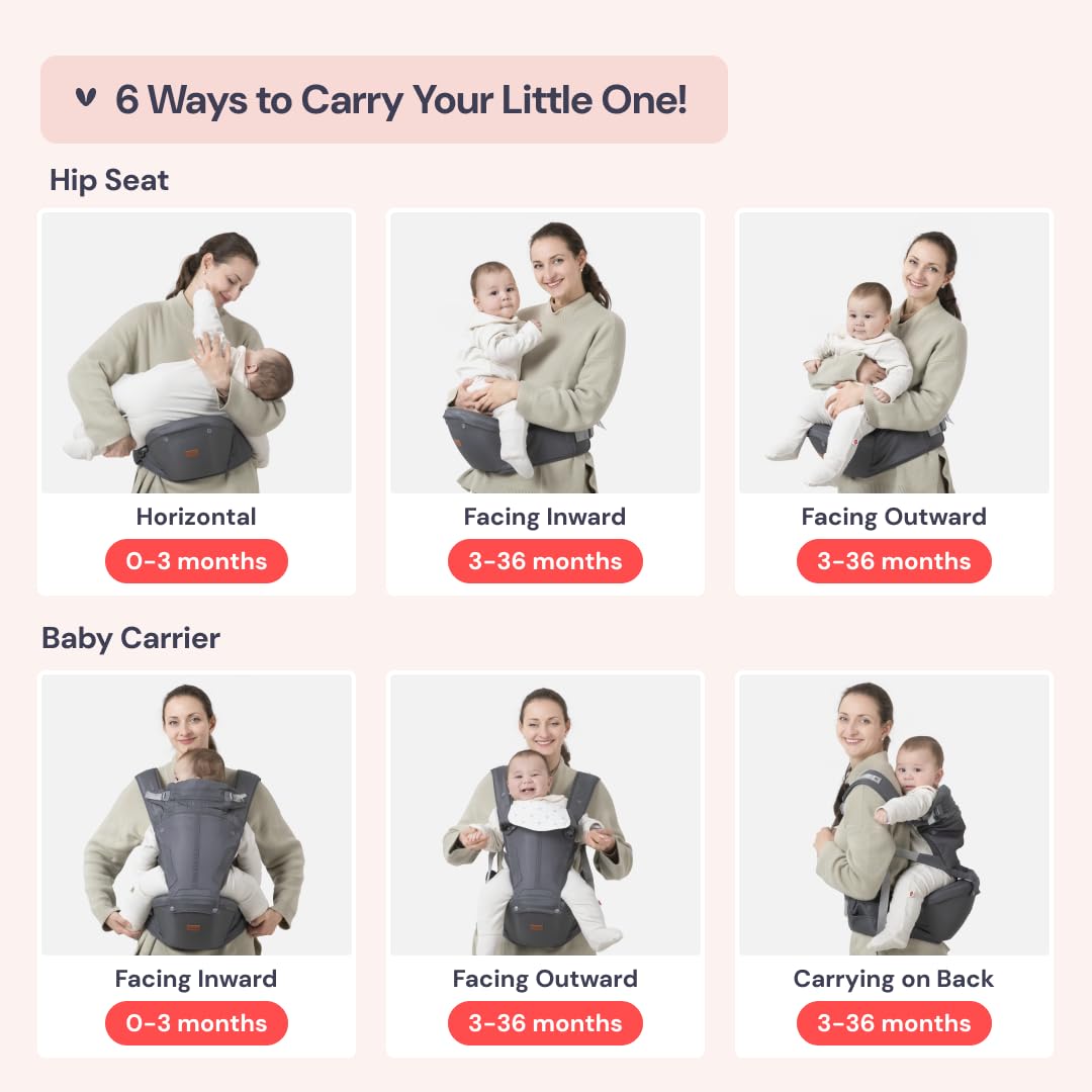 BabbleRoo Grow Carrier – 6-in-1 Baby Carrier with Hip Seat, Ergonomic, Cozy & Adjustable Toddler Carrier 7-50 lbs with Hip & Lumbar Support, Hood for Sun Protection, Newborn to Toddler, Gray
