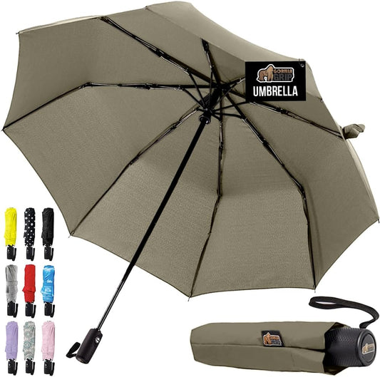 GORILLA GRIP Strong Stick Umbrella for Rain, Compact Travel One-Click Automatic Open Close, Lightweight, Portable, US Designed Reinforced Fiberglass Ribs, Wind Resistant, Easy Collapse, Beige