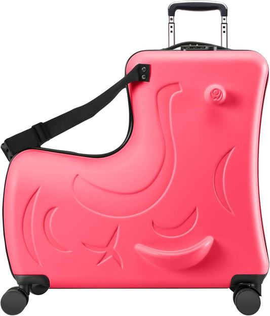 Ride on Hard Shell Kids Luggage with 4 Spinner Wheels for Girls and Boys, Rolling Childrens Travel Suitcase with Seat and Safety Belt for Toddler Ages 6-12, Checked size 25 Inch, Red