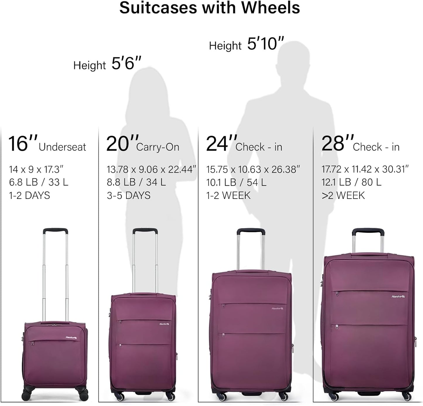Hanke 16 Inch Underseat Carry On Luggage with Wheels Small Suitcase Softside Luggage Bags for Travel Lightweight Suitcases with Wheels Travel Luggage Personal Item for Men and Women.(Purple)