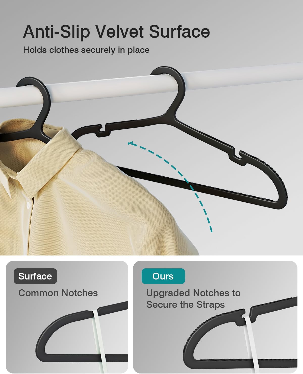 30 Pack Clothes Hangers, Non Slip Plastic Coat Hangers, Space Saving Hangers, Heavy Duty, Hanging Dry Wet Clothes, 16.4" x 8.3", Black, UAPY0530B