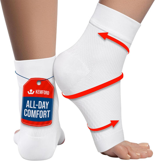 KEMFORD Ankle Compression Sleeve - Plantar Fasciitis Braces - Open Toe Compression Socks for Swelling, Sprain, Neuropathy, Foot Arch Support for Men and Women - 20-30mmhg, M, White