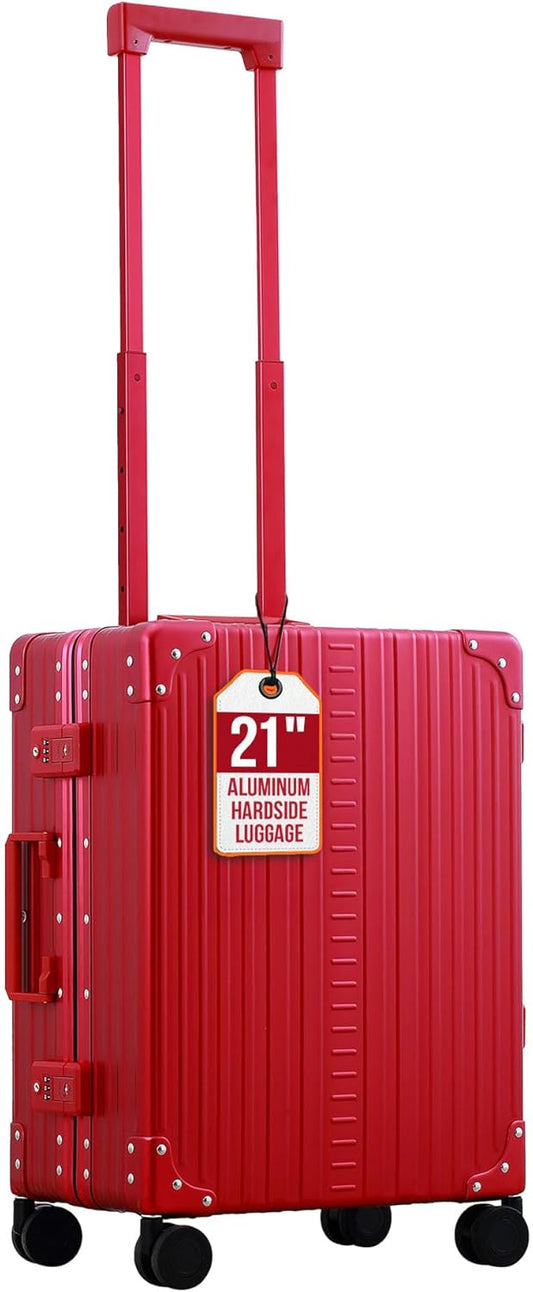 All Aluminum Lightweight Carry-On Luggage - Hardside Carry-On Suitcase, TSA Approved, Hard Shell Suitcase for Travel, Airline Approved 21 Inch Hard Spinner Wheels Luggage (Ruby)