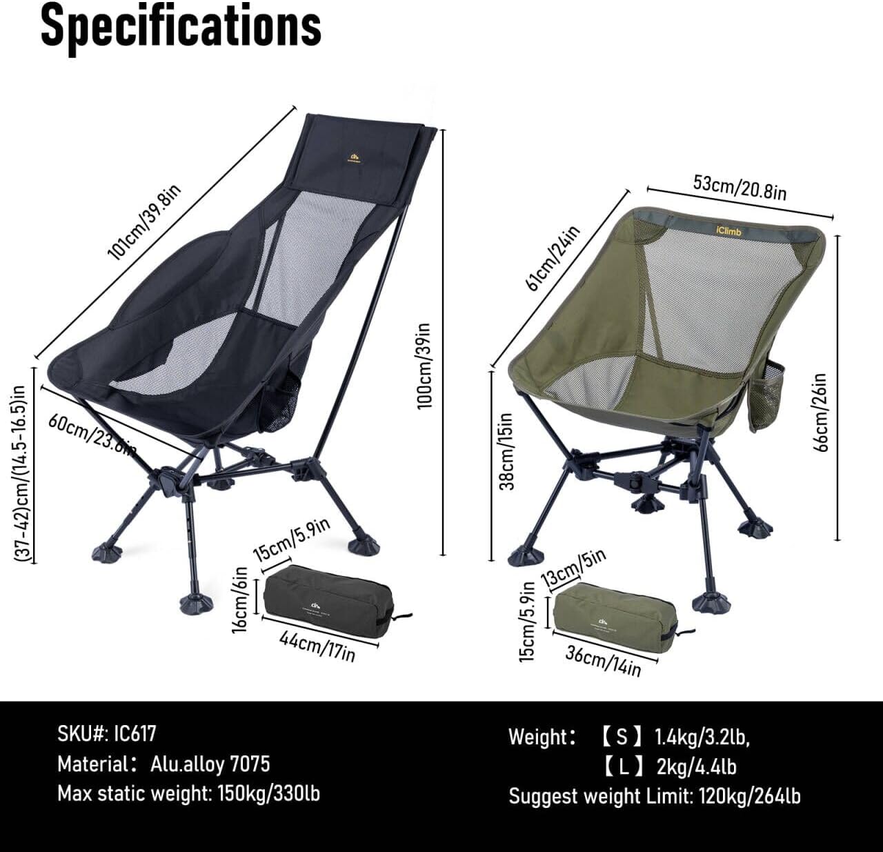 iClimb Ultralight Compact Camping Folding Beach Chair with Anti-Sinking Large Feet