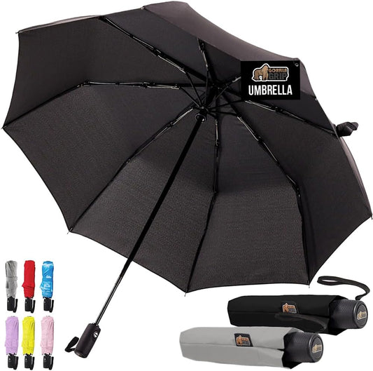 GORILLA GRIP Strong Stick Umbrella for Rain, Compact Travel One-Click Automatic Open Close, Lightweight Portable US Designed Reinforced Fiberglass Ribs, Wind Resistant Easy Collapse Black Gray 2 Pack