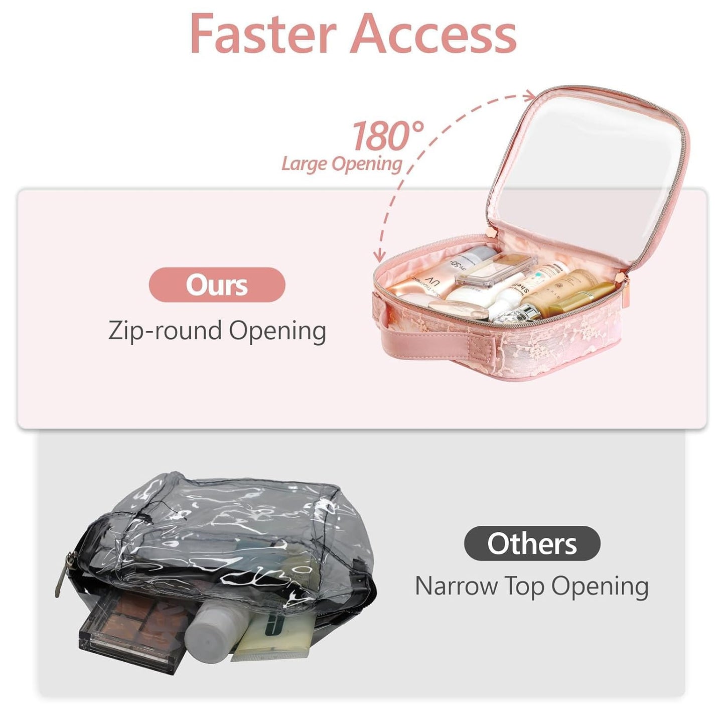 PACKISM TSA Approved Toiletry Bag - Floral Texture Lace Clear Makeup Bags with Handle, Clamshell Closing 180° Opening, Clear Toiletry Bags for Travel Essentials, 0.5 mm Thick, Pink