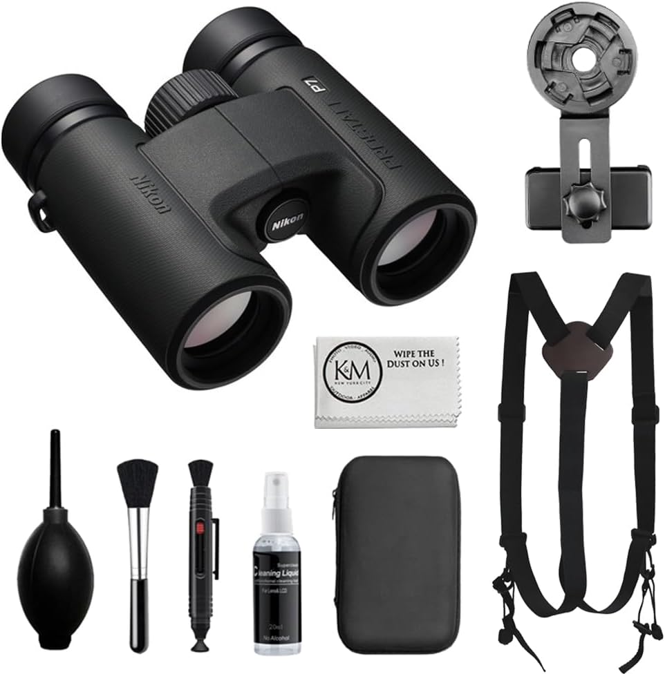 Nikon PROSTAFF P7 8x30 Binoculars Bundled with Harness Strap + Deluxe Cleaning Kit + Smartphone to Binocular Adapter + Microfiber Cleaning Cloth (5 Items)