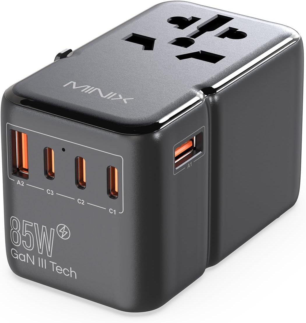 MINIX 85W Universal Travel Adapter, GaN III International Power Adapter, 3 USB-C 2 USB-A Ports, AC Outlet, Worldwide US/UK/EU/AU Travel Charger for Laptops Tablets Phones and More