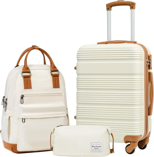 LONG VACATION 3 Piece Carry On Luggage Set with Backpack, 20 Inch Carry Suitcase with Spinner Wheels, ABS+PC Hardshell Suitcase set with TSA Lock & YKK Zipper