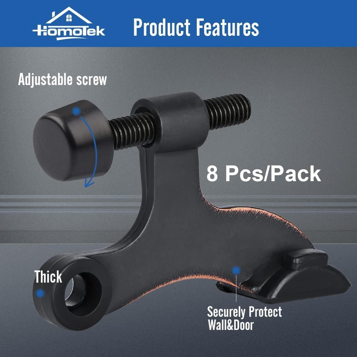HOMOTEK 4 Pack Hinge Pin Oil Rubbed Bronze Door Stopper,Adjustable Deluxe Heavy Duty Door Stopper 2-1/2"x1-3/4”,with Black Rubber Bumper Tips