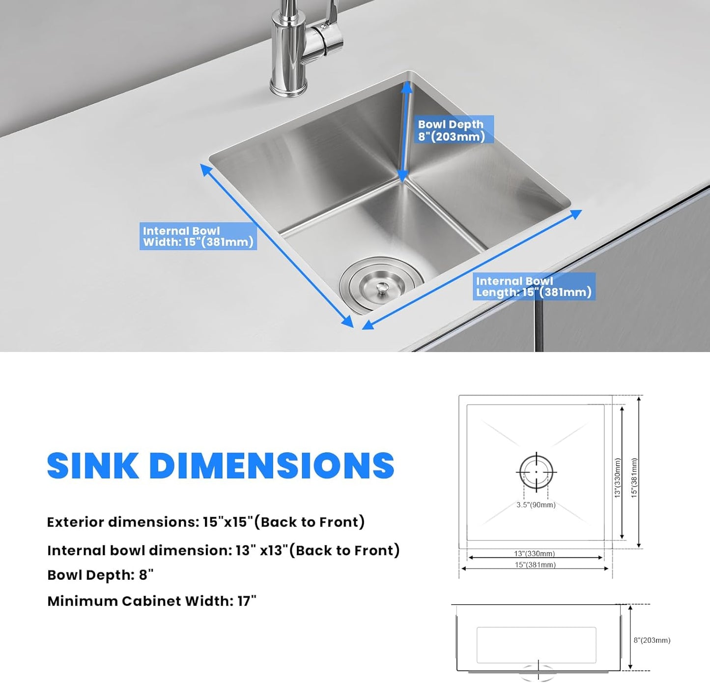 POPFLY 15×15 Inch Undermount Wet Bar Sink, 18 Gauge 304 Stainless Steel Kitchen Sink 15" Small Outdoor Mini Rv Under Counter Sinks, Brushed Nickel