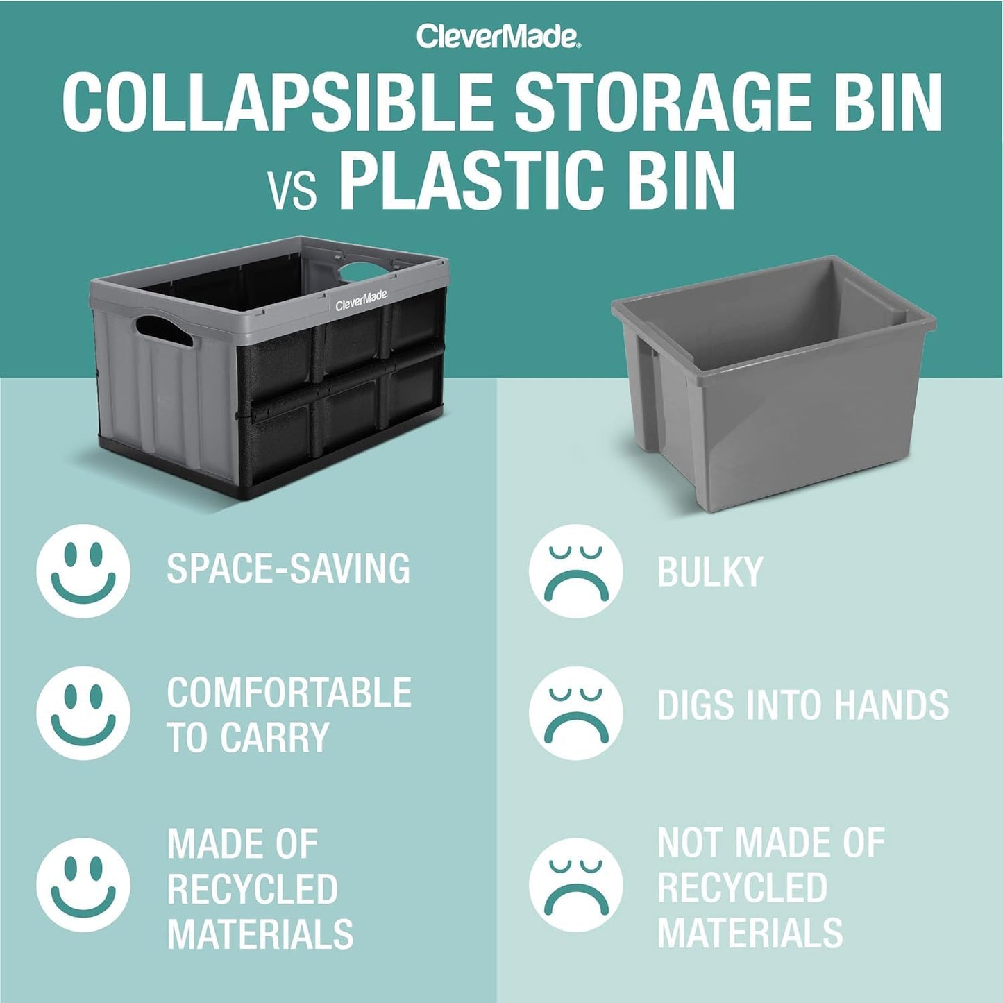CleverMade Collapsible Storage Bins - Stone 3 Pack 46L - Stackable Containers Heavy Duty Capacity Folding Crates - Space-Saving for Home