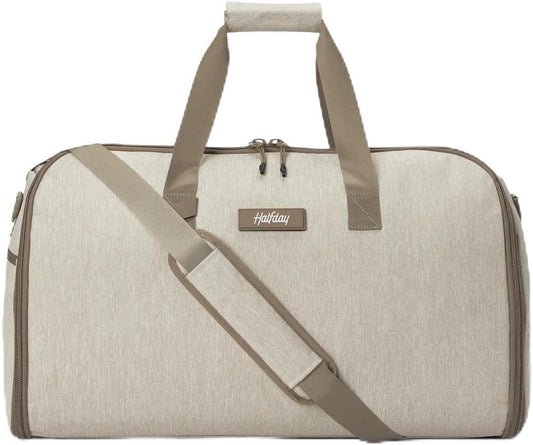 Halfday Convertible 2-in-1 Garment Duffel Weekender Bag 45L | Wrinkle-Free Travel, Hanging Suit Compartment, Shoe Pockets, Trolley Sleeve. Durable & Water-Resistant Carry-On, Stone