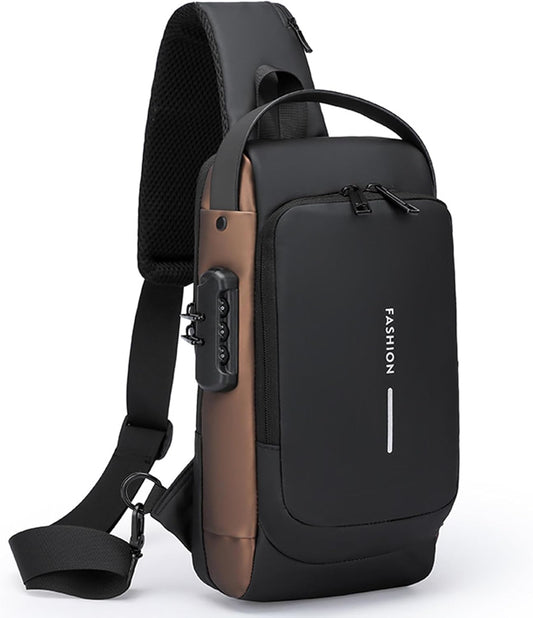 Sling Bag for Men Anti-theft USB Crossbody Shoulder Backpack Purse Waterproof PU Leather Chest Bag Travel Daily Use