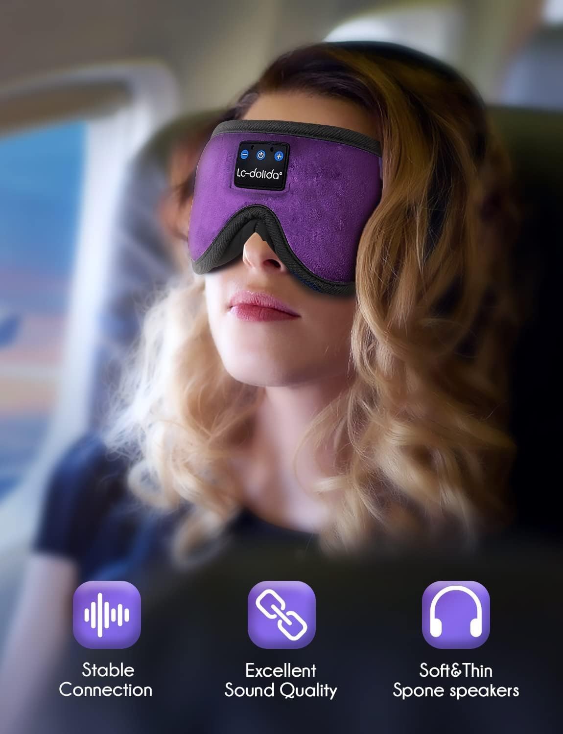 LC-dolida Sleep Headphones, Sleep Mask Bluetooth Wireless Music Eye Mask, Sleeping Headphones for Side Sleepers Sleep Mask with Bluetooth Headphones Ultra-Thin Stereo Speakers Perfect for Sleeping