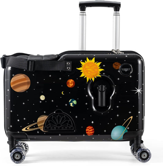 Younglingz LIL FLYER GO Version 2 Ride On Suitcase for Kids | Carry On Luggage with Toddler Seat, Foldable Handlebars, Pedals, and Removable Wheels | Holds up to 80 lbs | SPACE | Ages 2-6