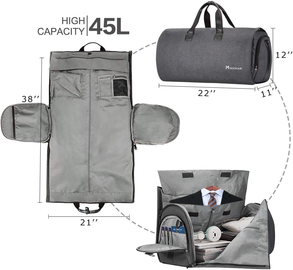 Convertible Garment Bag with Shoulder Strap, Modoker Carry on Garment Duffel Bag for Men Women - 2 in 1 Hanging Suitcase Suit Travel Bags (Black)