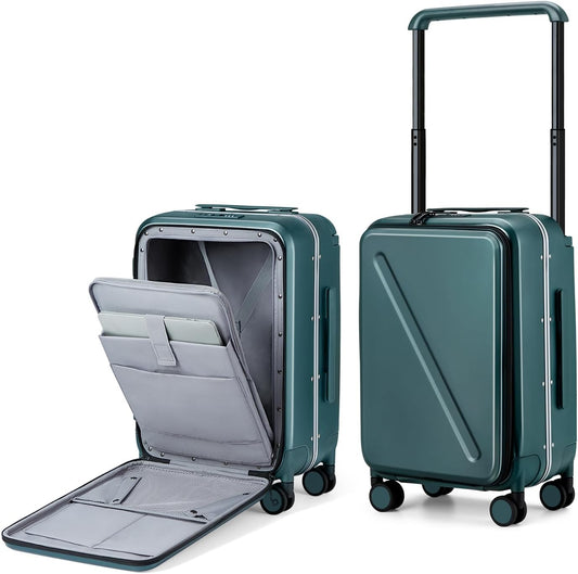 MILADA Wide Handle Carry On Luggage with Front Pocket Hardshell 20 Inch Front Opening Luggage with Spinner Wheels TSA Lock Aluminium Suitcase Airline Approved Carry-On Travel Luggage, Blackish Green