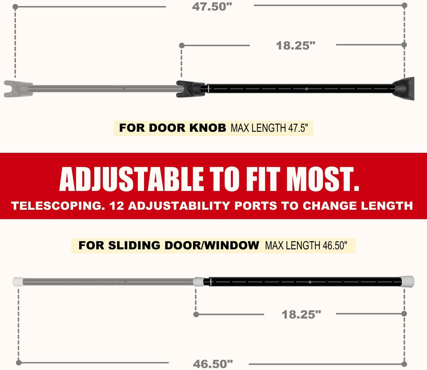 SECURITYMAN 2-in-1 Door Security Bar & Sliding Door Security Bar - Door Jammer Constructed of High Grade Iron - Black Door Stoppers Security Bar