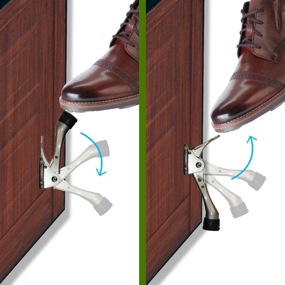 One Touch Kickdown Door Stopper, Door Holder, Heavy Duty Door Stops, Bottom of Door, Height-Adjustable Rubber Tips by HASHI (Satin Nickel 4 inch x 2pack)