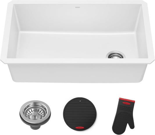 KRAUS Forteza 32-inch Granite Undermount Single Bowl White Kitchen Sink, KGU-55WHITE